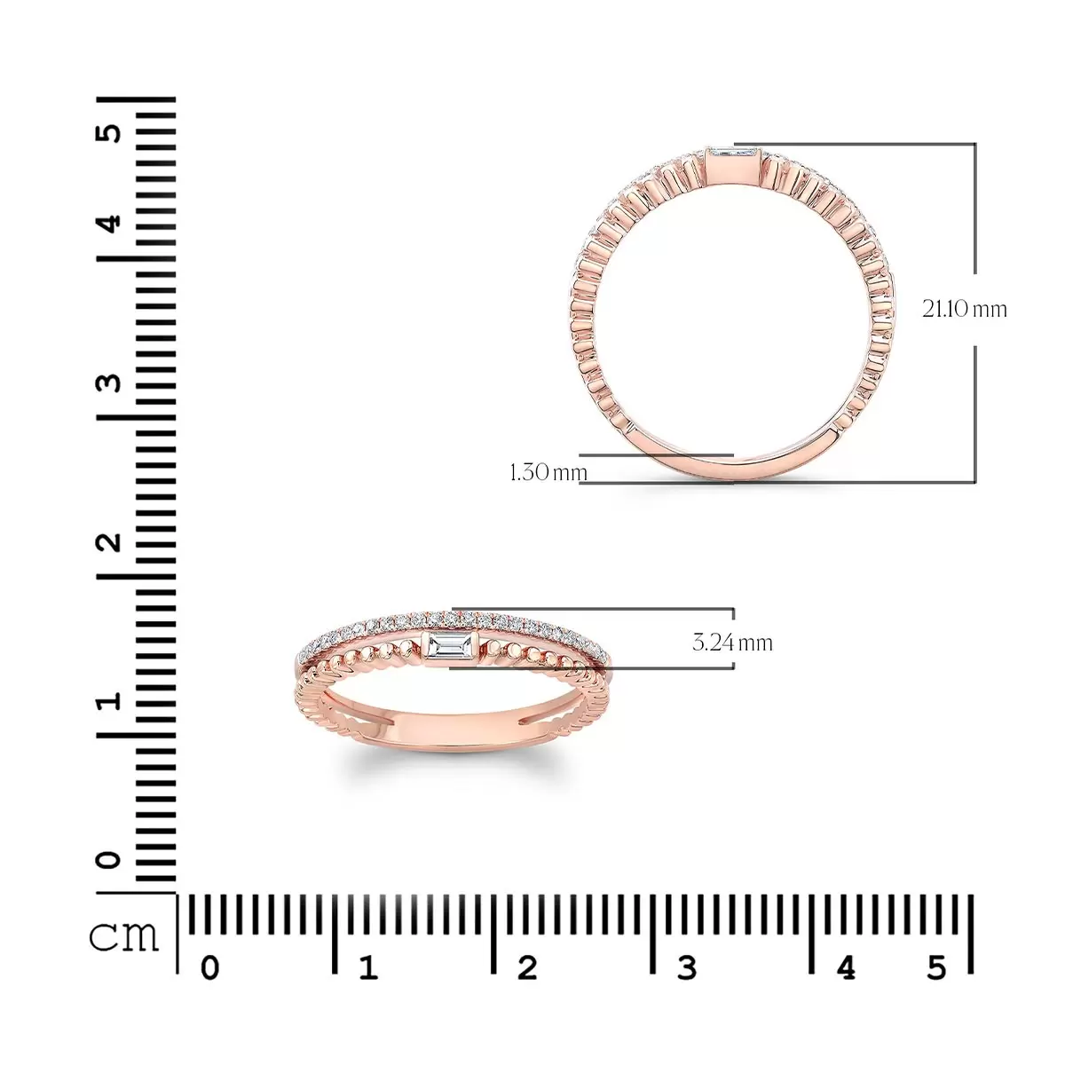 0.16克拉 18K玫瑰金 圓形長方梯形鑽石戒指 VS2/I 美規7號