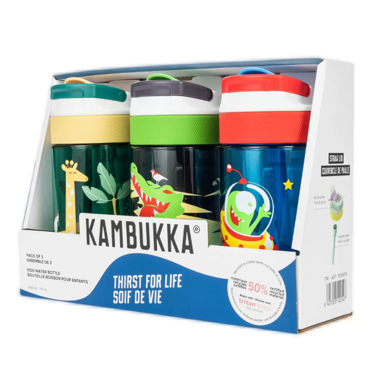 Kambukka 兒童隨身水瓶 400毫升 X 3件組 鱷魚 + 長頸鹿 + 外太空