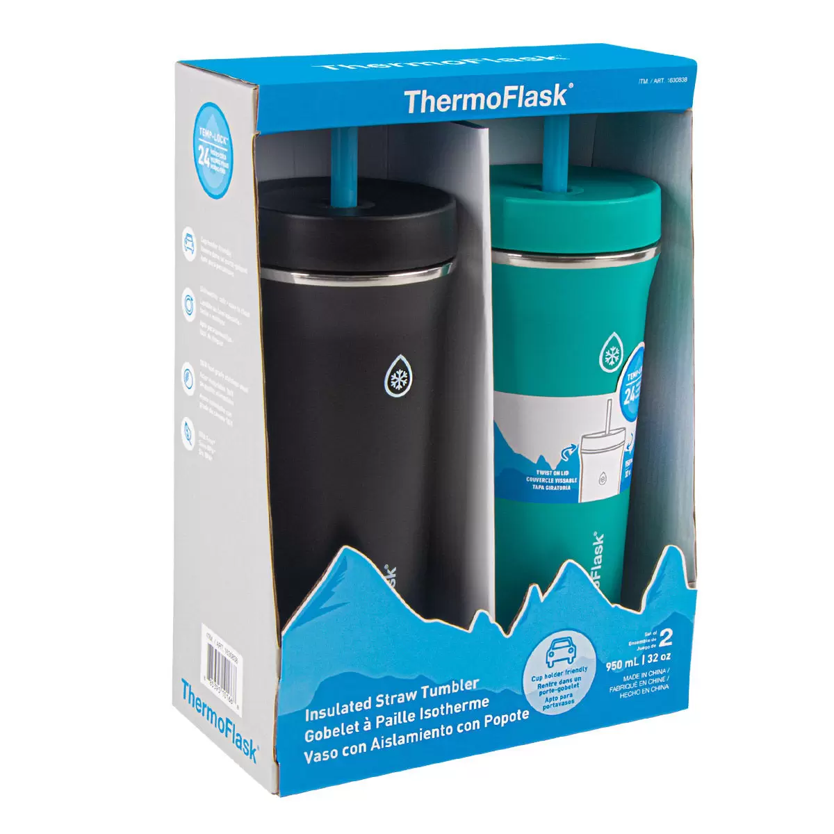 ThermoFlask 不鏽鋼吸管隨行杯 950毫升 X 2件組 黑 + 綠