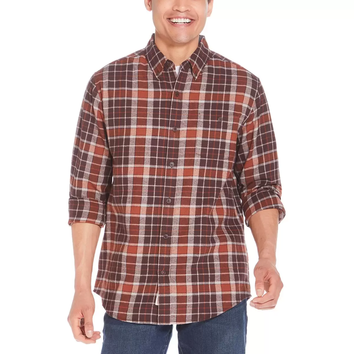 Weatherproof Vintage 男法蘭絨長袖襯衫 棕紅格紋