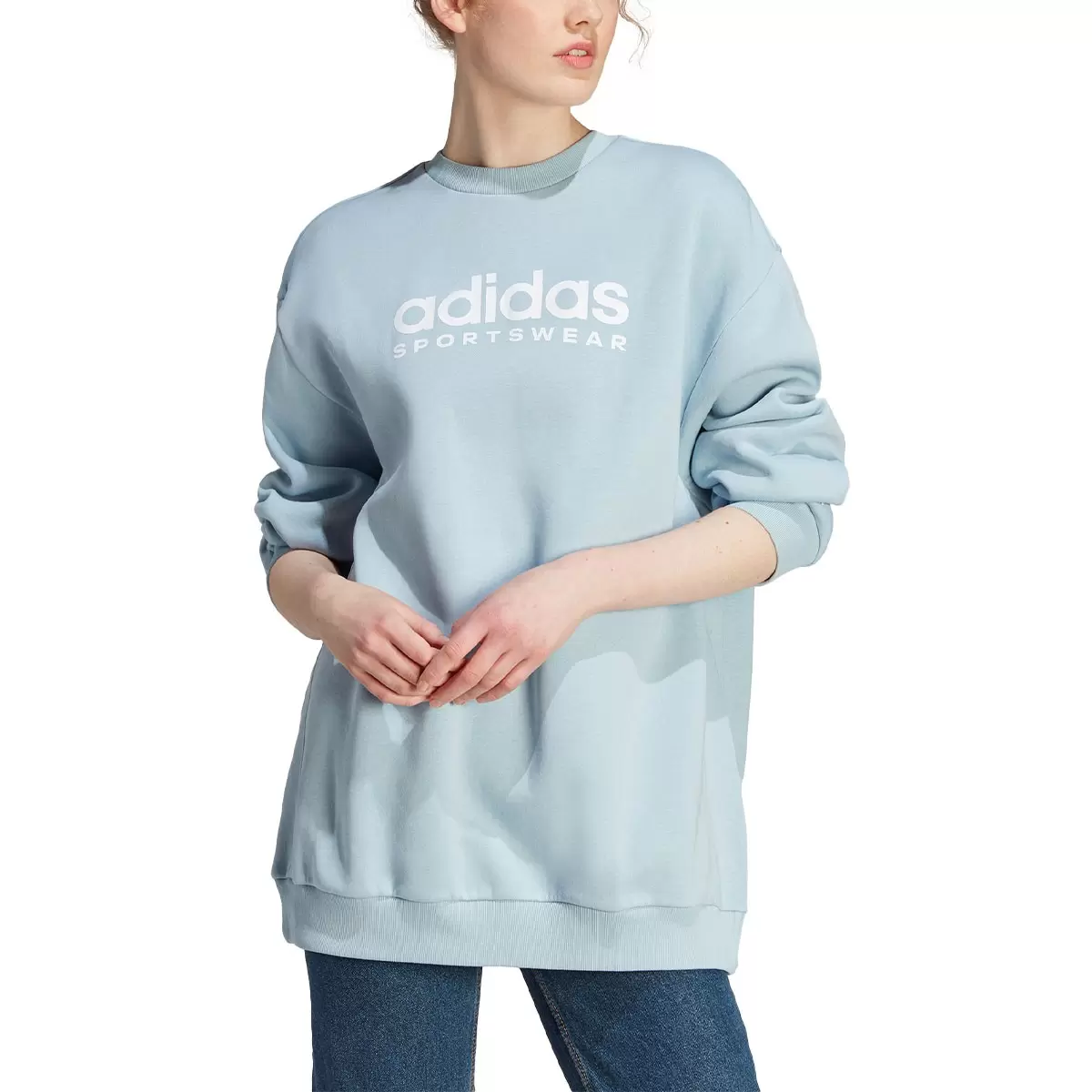 Adidas 女長袖休閒長版上衣 淺藍