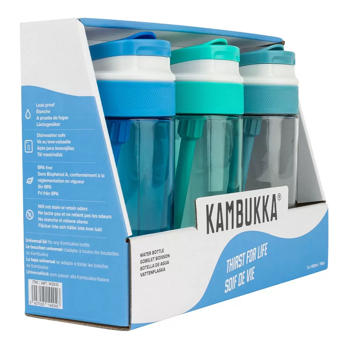 Kambukka 兒童吸管隨身水瓶 400毫升 X 3件組 綠+藍+天藍色
