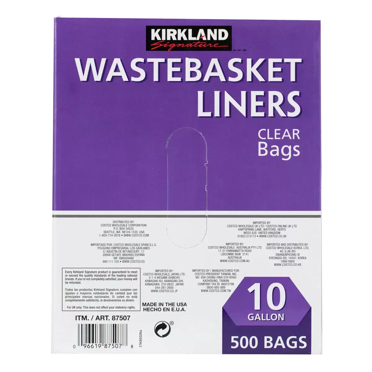 Kirkland Signature-87507 Wastebasket Liners, Clear, 10 Gallon, 500