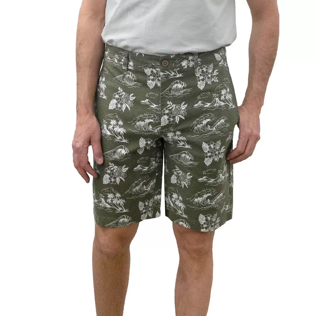 Tailor Vintage 男印花休閒棉麻短褲 橄欖綠海浪 腰圍 40吋