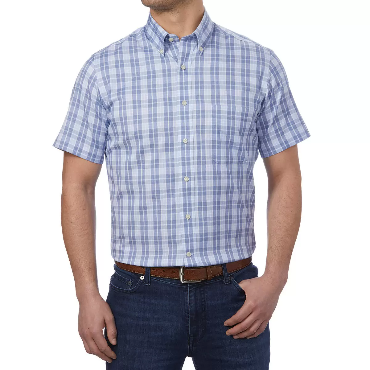 Kirkland Signature 科克蘭 男短袖鈕扣領免燙彈性襯衫 深藍淺藍格紋 L