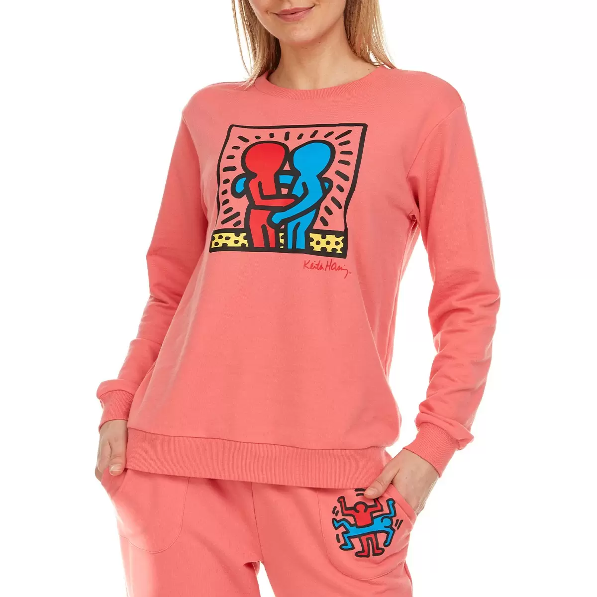 Keith Haring 女印花休閒長袖上衣 粉 XL