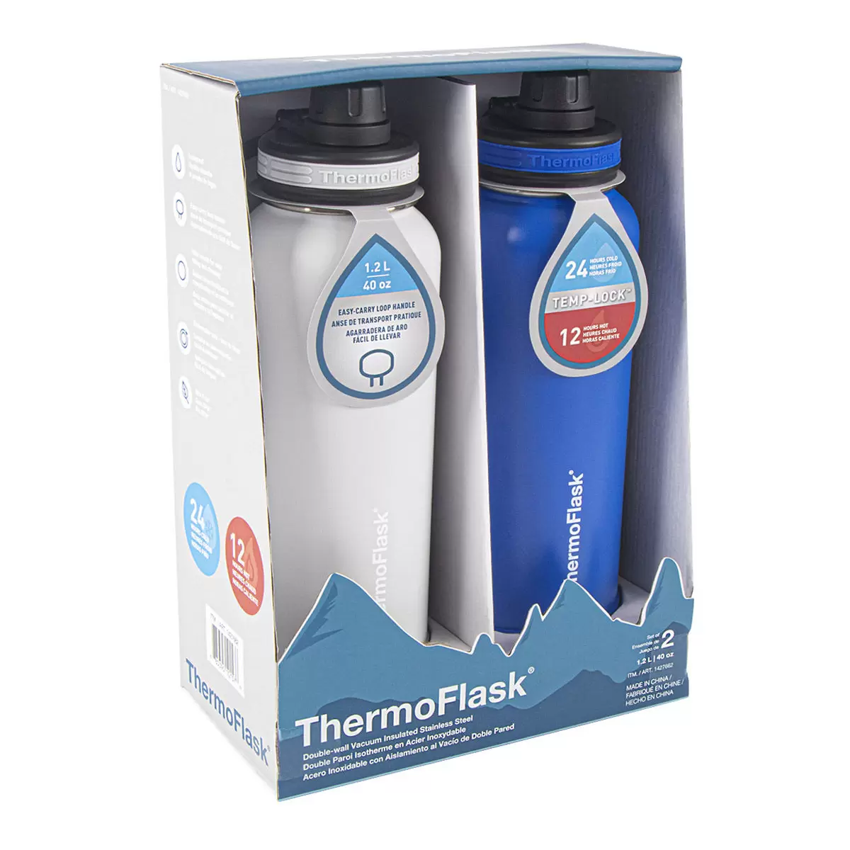 ThermoFlask 不鏽鋼保冷瓶 1.2公升 X 2件組 淺灰 + 海軍藍