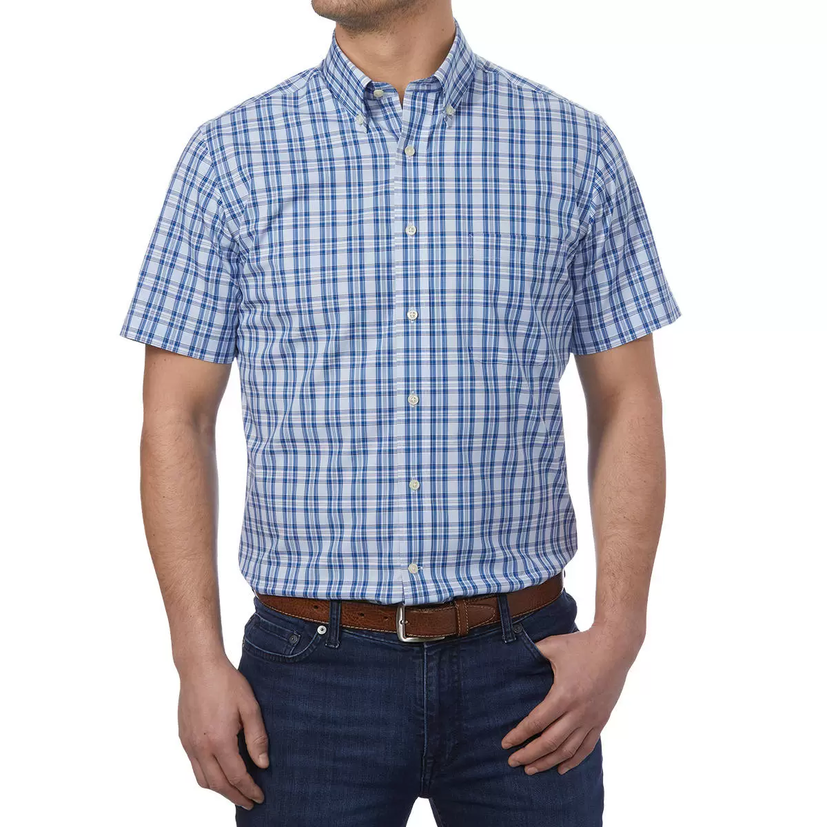 Kirkland Signature 科克蘭 男短袖鈕扣領免燙彈性襯衫 淺藍底深藍格紋 XL