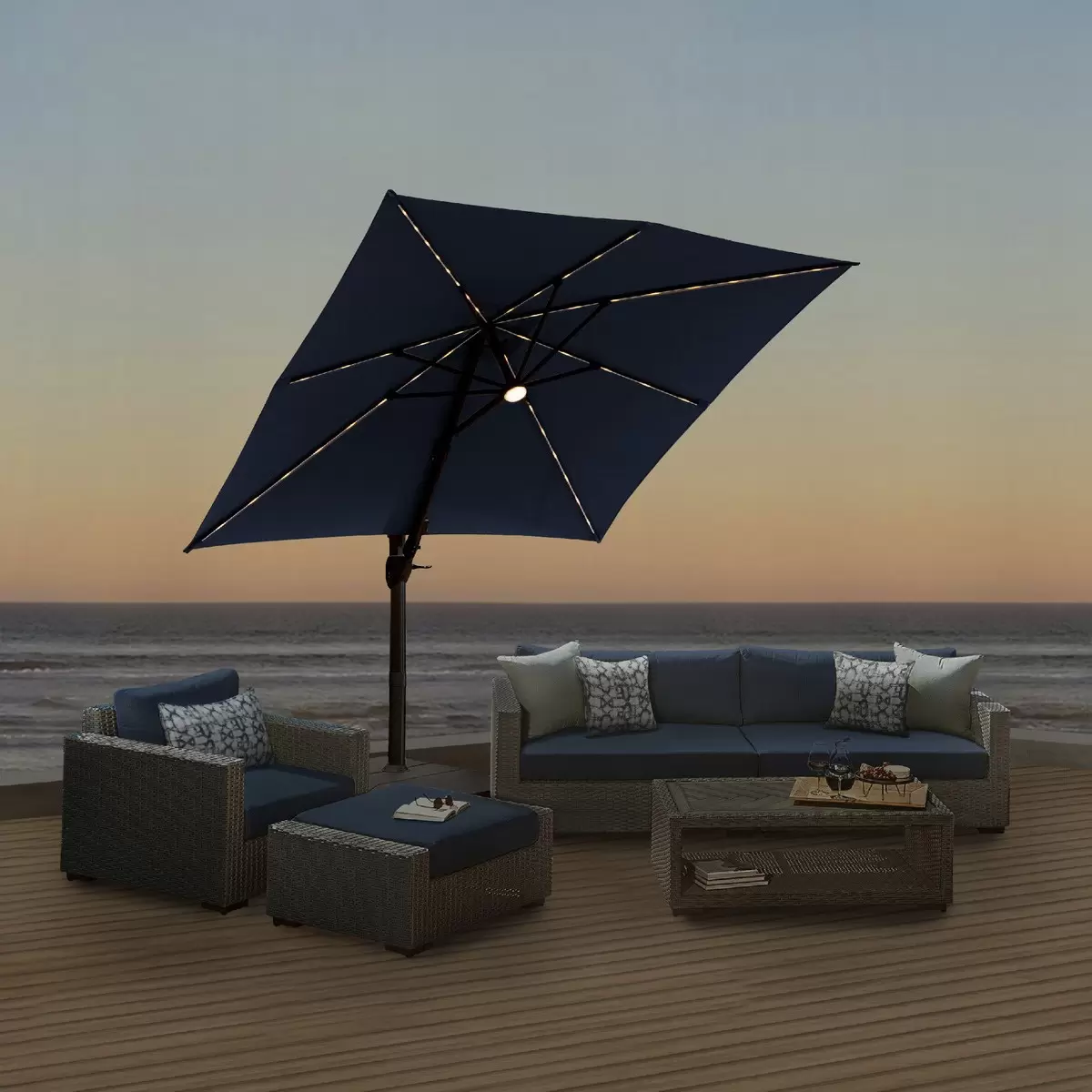 ATLeisure 10呎 LED方形戶外懸臂式遮陽傘含傘座 深藍色