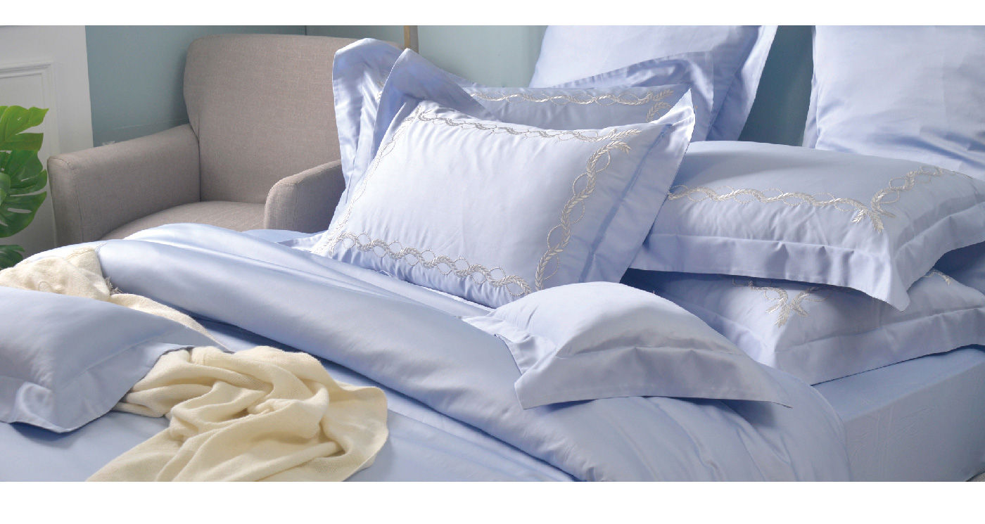 La Belle 雙人300織純棉刺繡被套床包4件組 藤蔓款 煙青藍