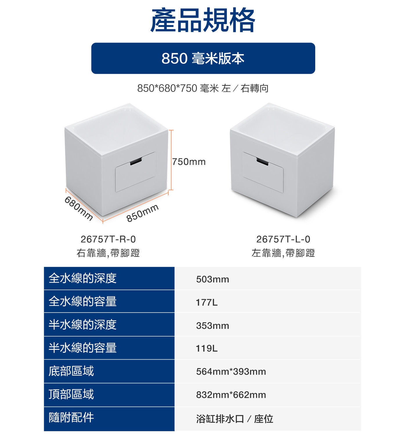 KOHLER 座臥式浴缸右角位 帶腳蹬產品規格說明