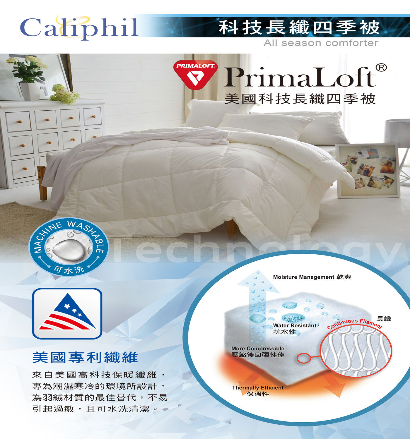 Caliphil PrimaLoft 雙人科技長纖四季被 美國專利纖維