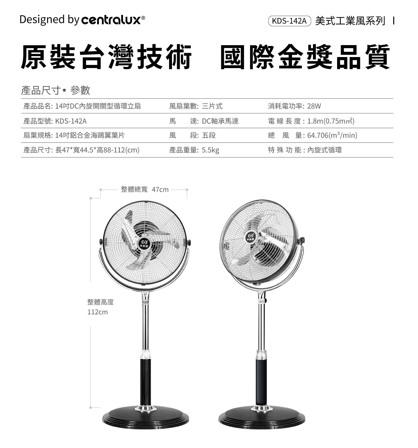 中央牌 18吋DC內旋開關型循環立扇DC變頻節能馬達，省電靜音，鋁合金葉片，專利360度內旋式出風，大面積散熱系統。