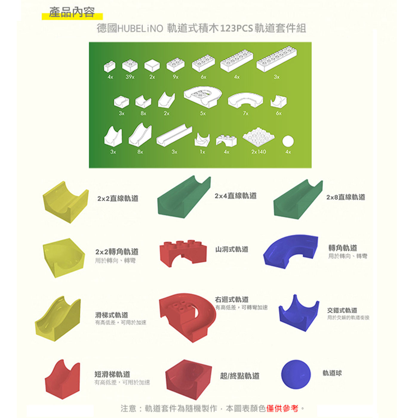 HUBELiNO 軌道滾球積木 123入裝積木使用天然塑膠製成如有清洗需要可放入低於40度水溫的洗碗機或洗衣機清洗