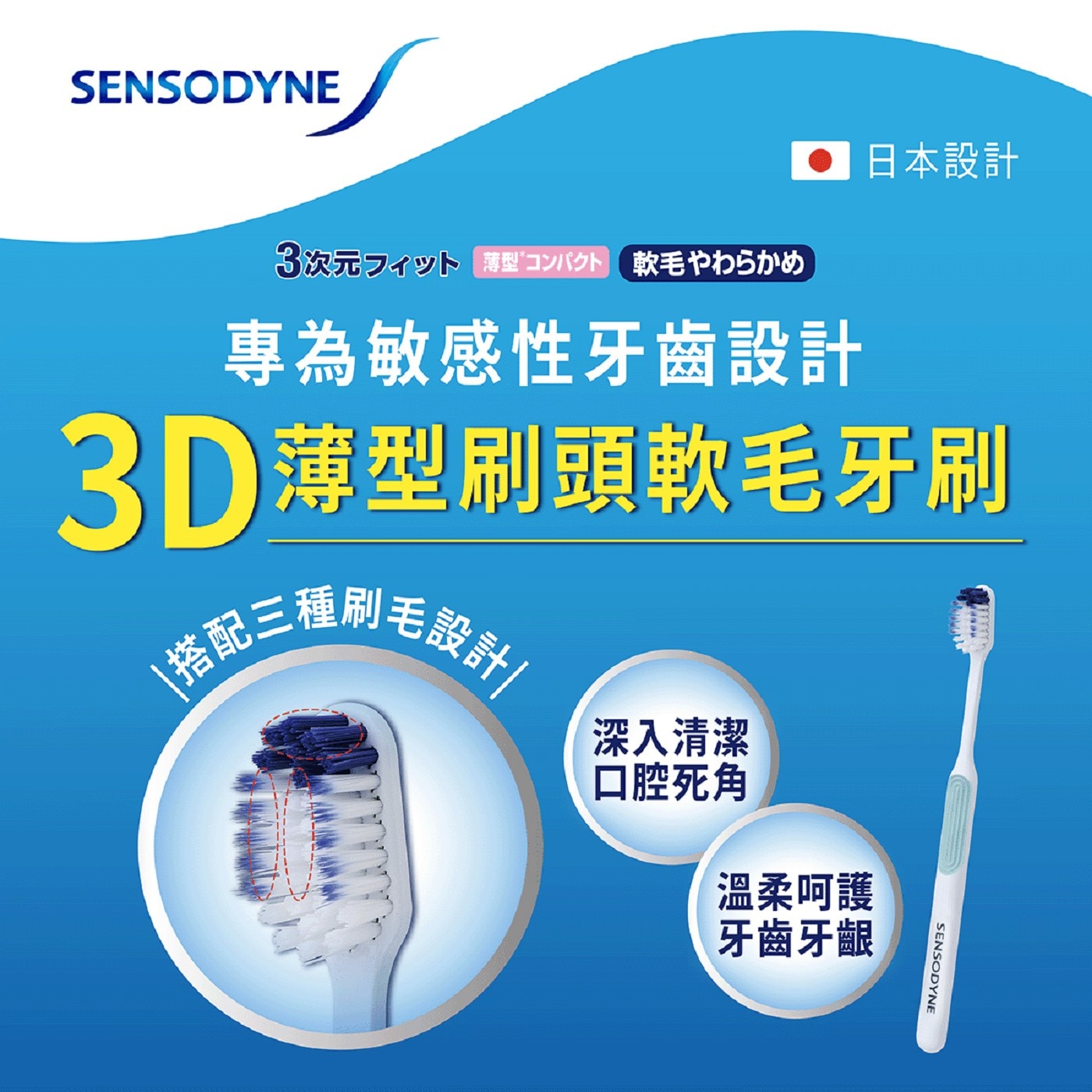 舒酸定 抗敏3D薄型刷頭軟毛牙刷，台灣牙醫專業推薦，雙重彈力刷頸，輕柔潔淨，深入牙齦溝。