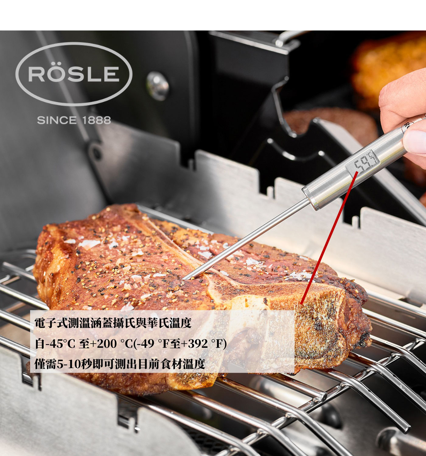 Rosle針式溫度計電子式測溫涵蓋攝氏與華氏溫度.自-45°C至+200°C.僅需5-10秒即可測出目前食材溫度