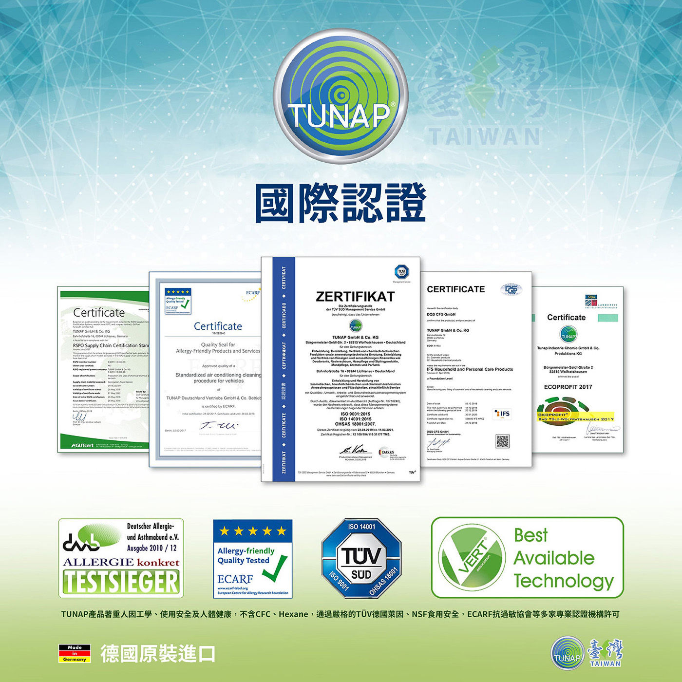 Tunap 124 多功能清潔與強效除膠劑獲得國際認證品牌銷售網遍及歐洲歐系車廠長期指定品牌代工商品供應商