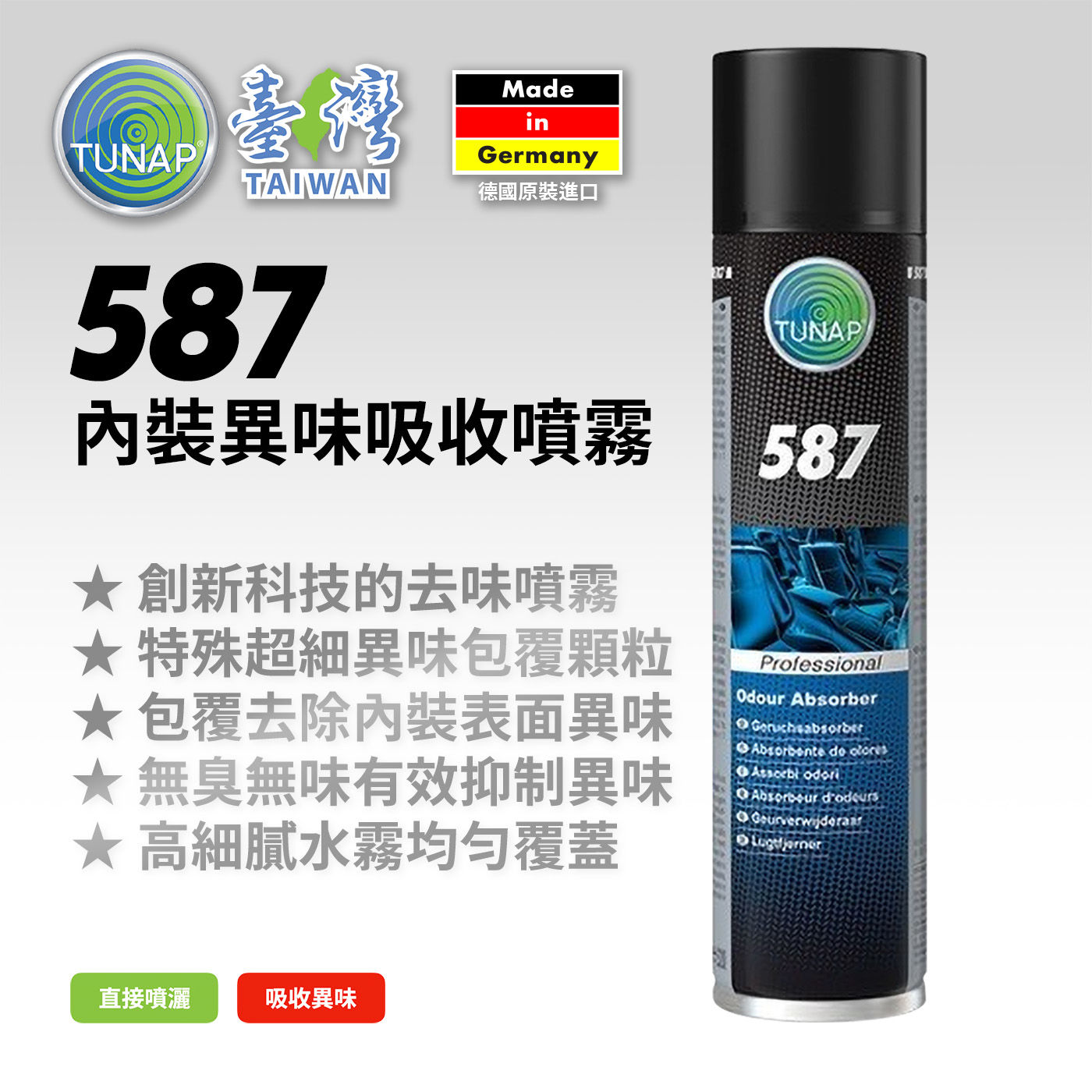 Tunap 587 內裝異味吸收噴霧 300毫升 X 2入二合一的空氣與織物恢復劑， 可微清潔內裝表面