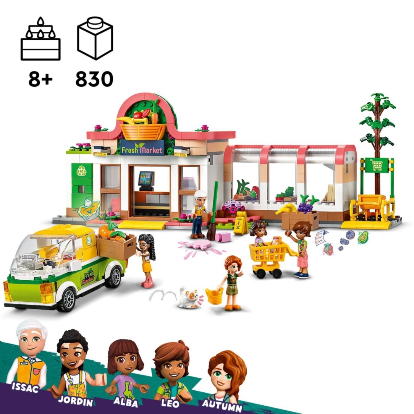 LEGO Friends系列 有機雜貨店，探索靈感來自現實世界購物之旅的配件，包括 2 台購物車、2 個購物籃、可回收的瓶罐與多種食品。