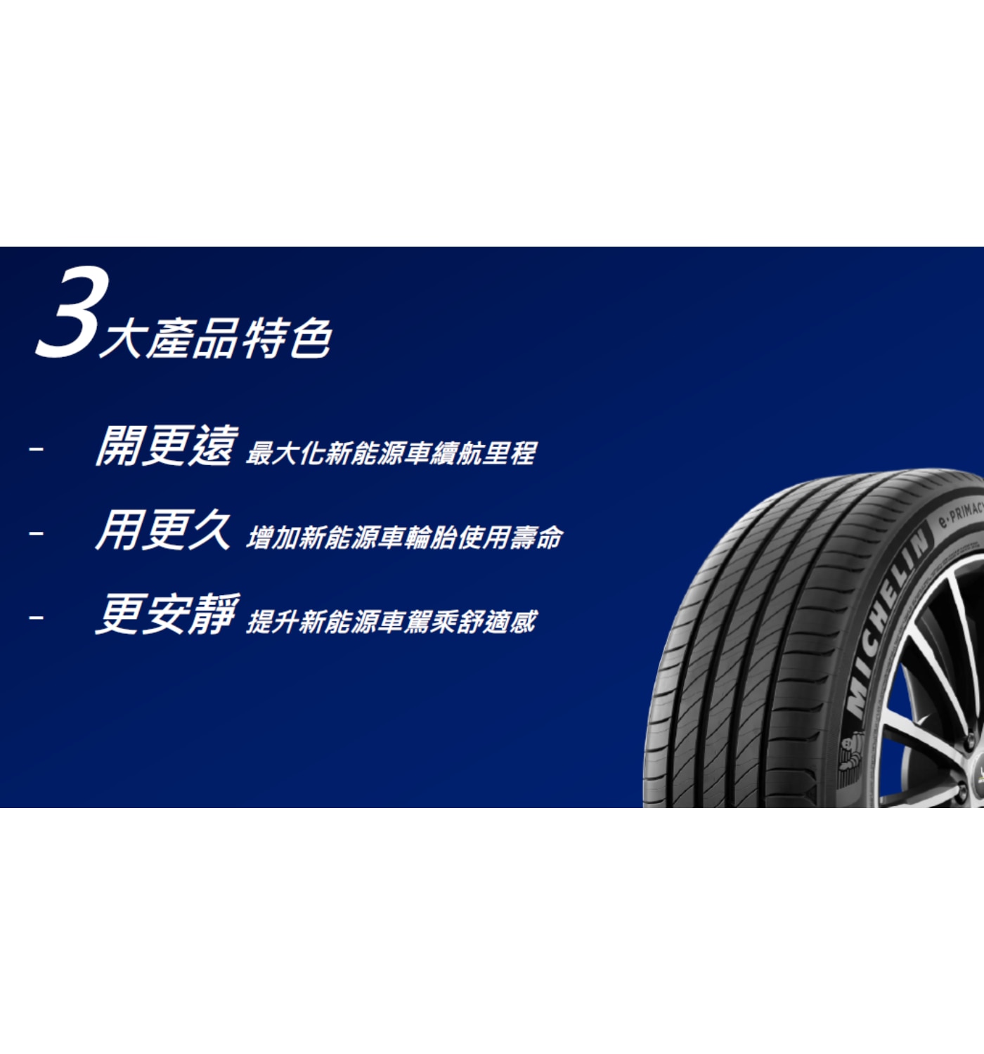 MICHELIN米其林輪胎，最大化新能源車續航里程，增加新能源車輪胎使用壽命，提升新能源車駕乘舒適感。