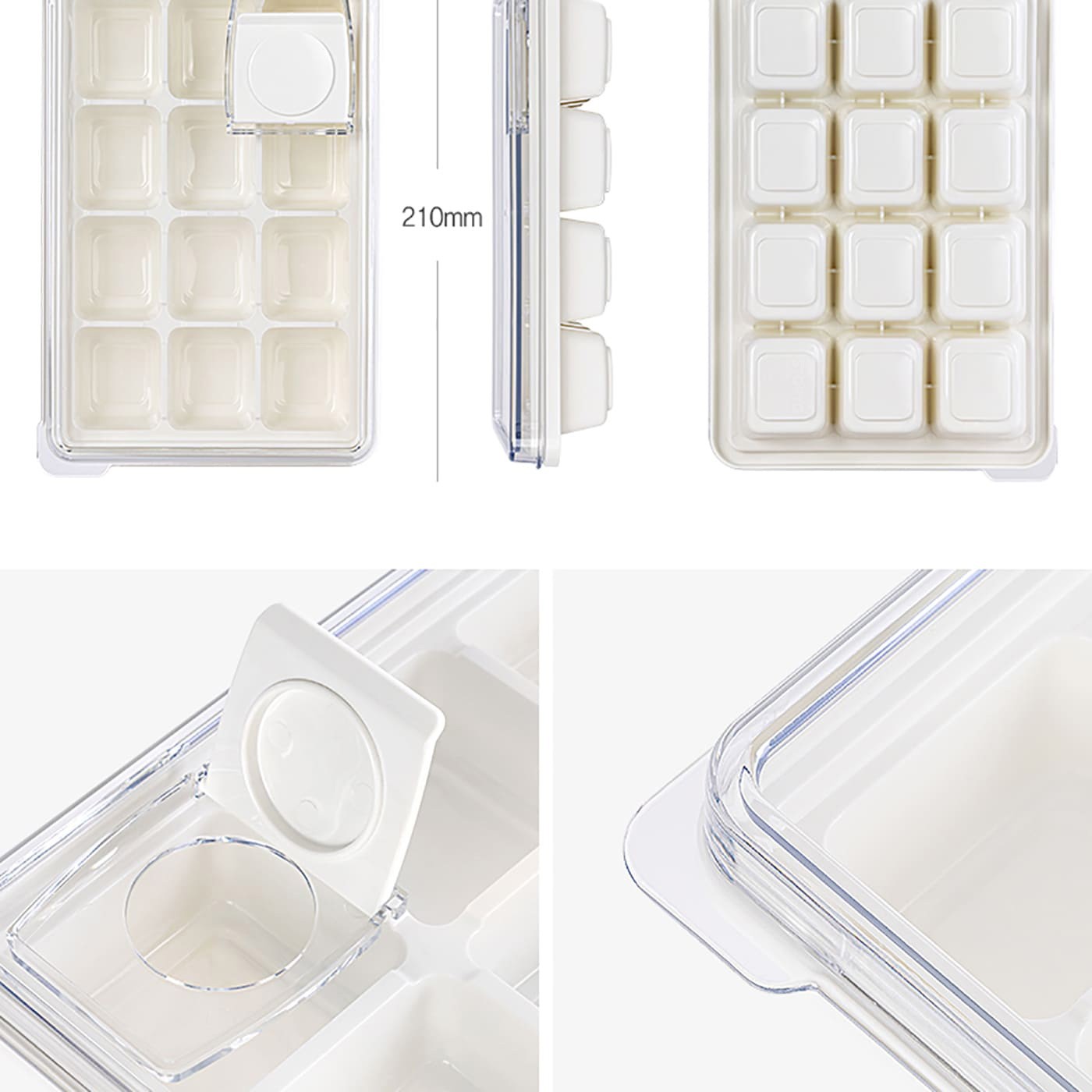 KANKAN 注水式製冰盒2件組6格+12格，可疊放設計，蓋上上蓋防止異味，以柔軟的LDPE材質製成，從底部輕壓即可取出冰塊或食材，食材分裝好輕鬆，需要時不必再另外花時間準備。