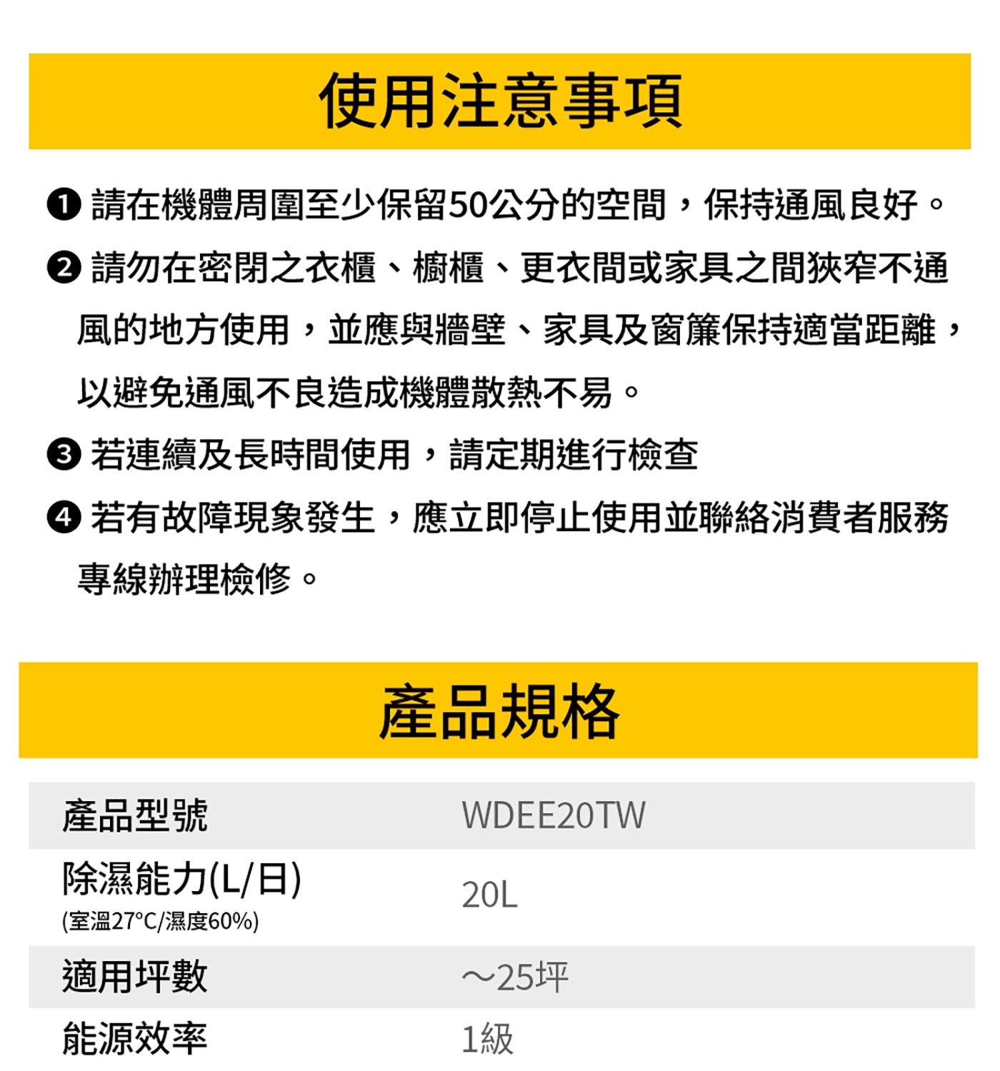 惠而浦 20公升第六感智能除濕機 WDEE20TW，20公升日除溼能力，25坪適用空間，30-80%濕度設定。
