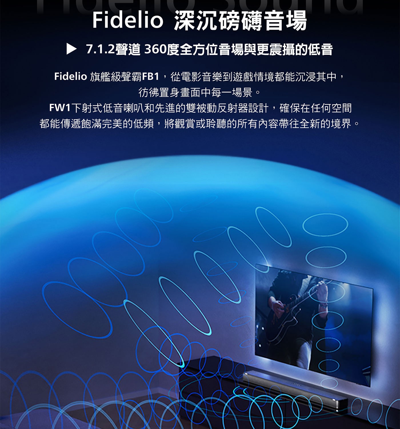 飛利浦 Fidelio 7.1.2 聲道 內建重低音喇叭聲霸 TAFB1/96 搭配聲霸重低音喇叭 TFW1/96 無線旗艦劇院組