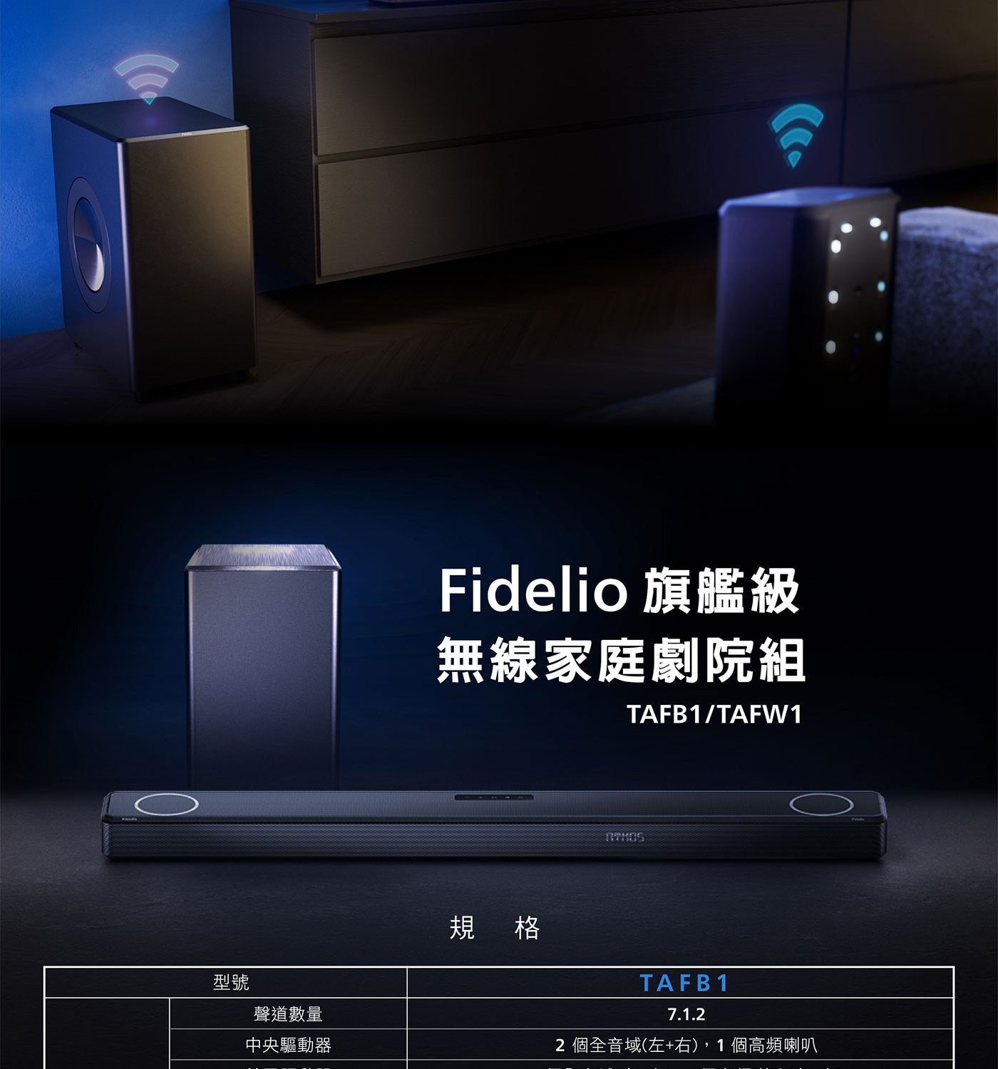 飛利浦 Fidelio 7.1.2 聲道 內建重低音喇叭聲霸 TAFB1/96 搭配聲霸重低音喇叭 TFW1/96 無線旗艦劇院組