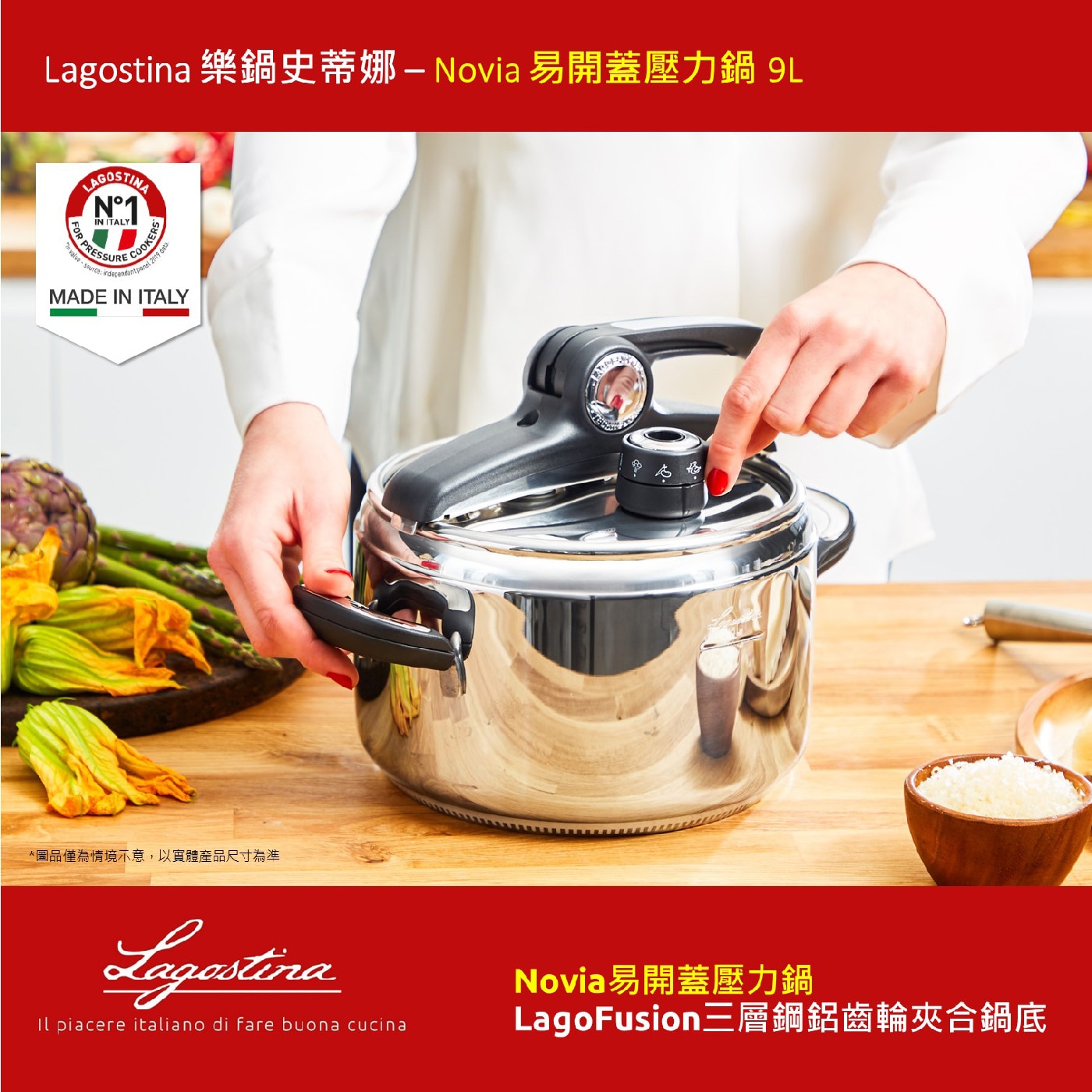 Lagostina 樂鍋史蒂娜-Novia 易開蓋壓力鍋 9L，LAGOSTINA N°1 適用於義大利 PRESSURE RS COOKER 獨立面板 2018 資料 lue-source，義大利製造