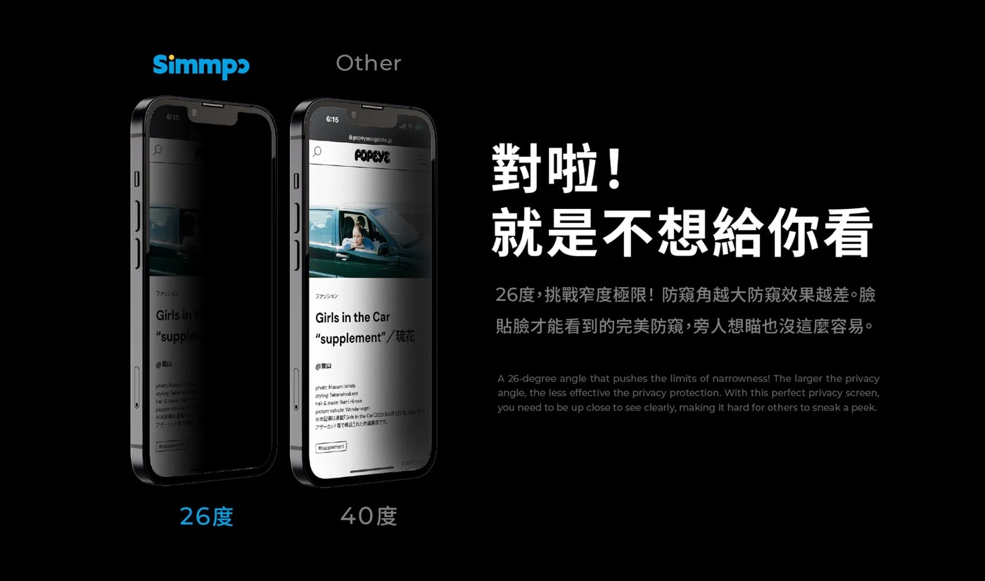 Simmpo 防窺抗藍光保護貼2入組，高透度、極窄防窺角玻璃，結合Simmpo BDI 30抗藍光材料製成！