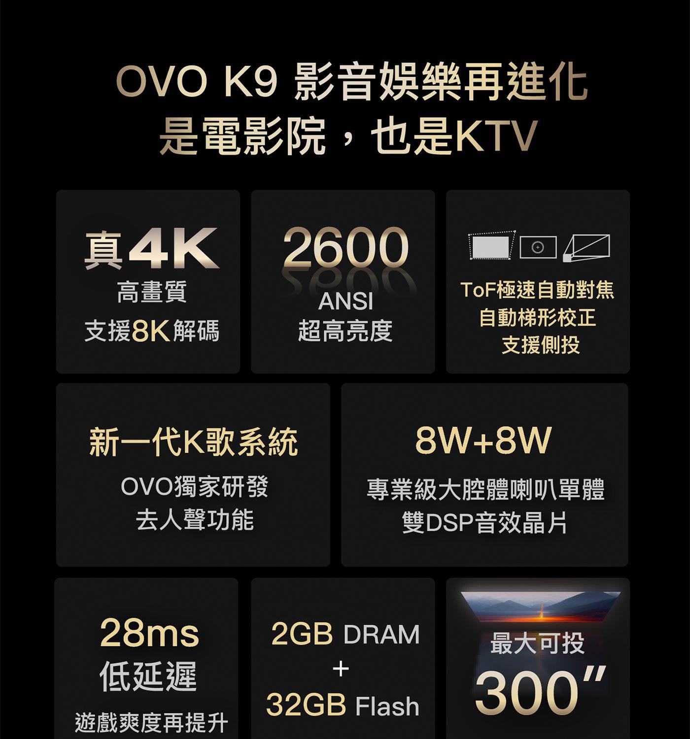 OVO 4K無框電視 UHD智慧投影機 太空黑 K9 - 同級最高、2600 ANSI超高亮度，視覺流暢，極速對焦，4向自動梯形校正。