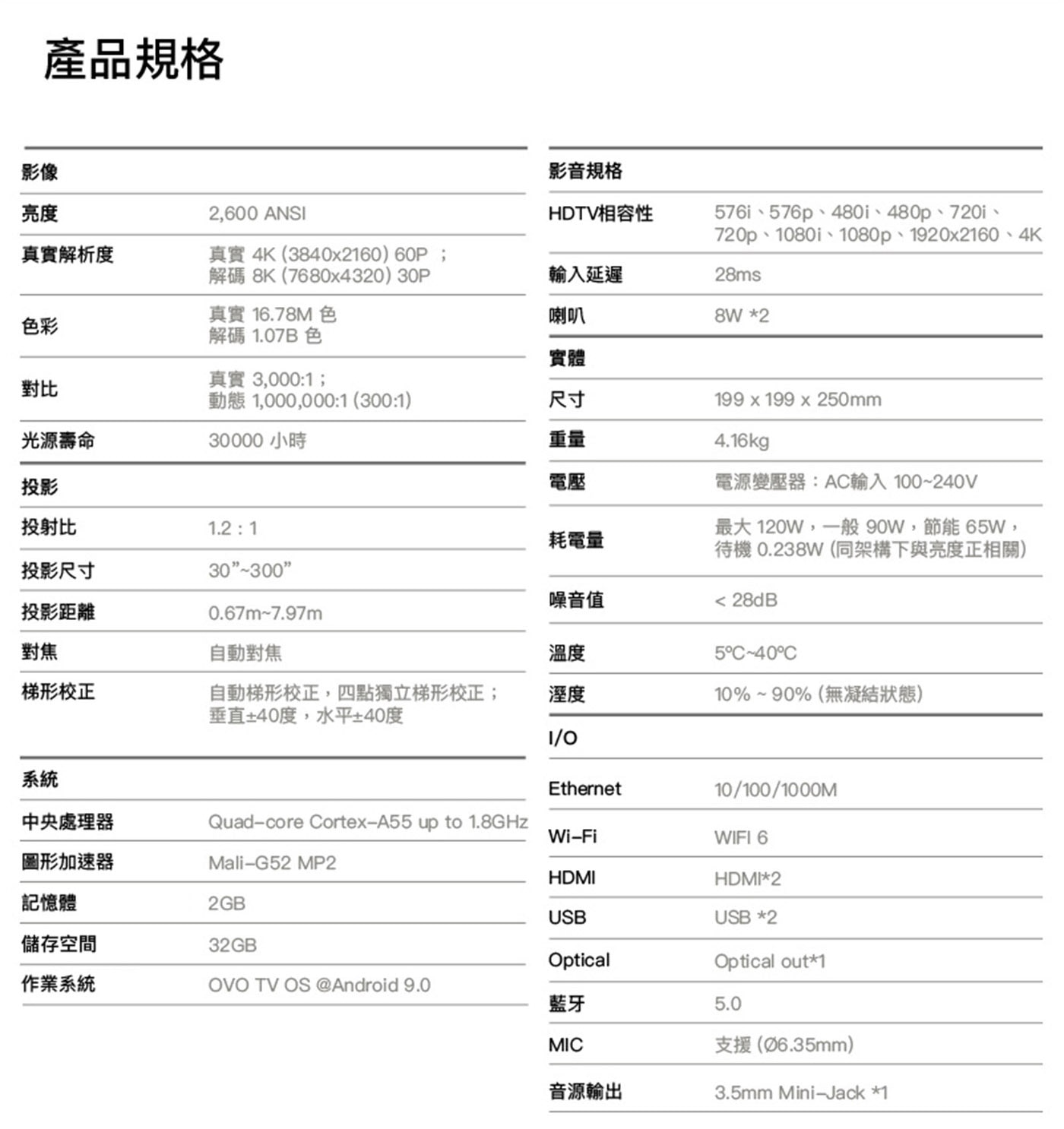 OVO 4K無框電視 UHD智慧投影機 太空黑 K9 - 同級最高、2600 ANSI超高亮度，視覺流暢，極速對焦，4向自動梯形校正。