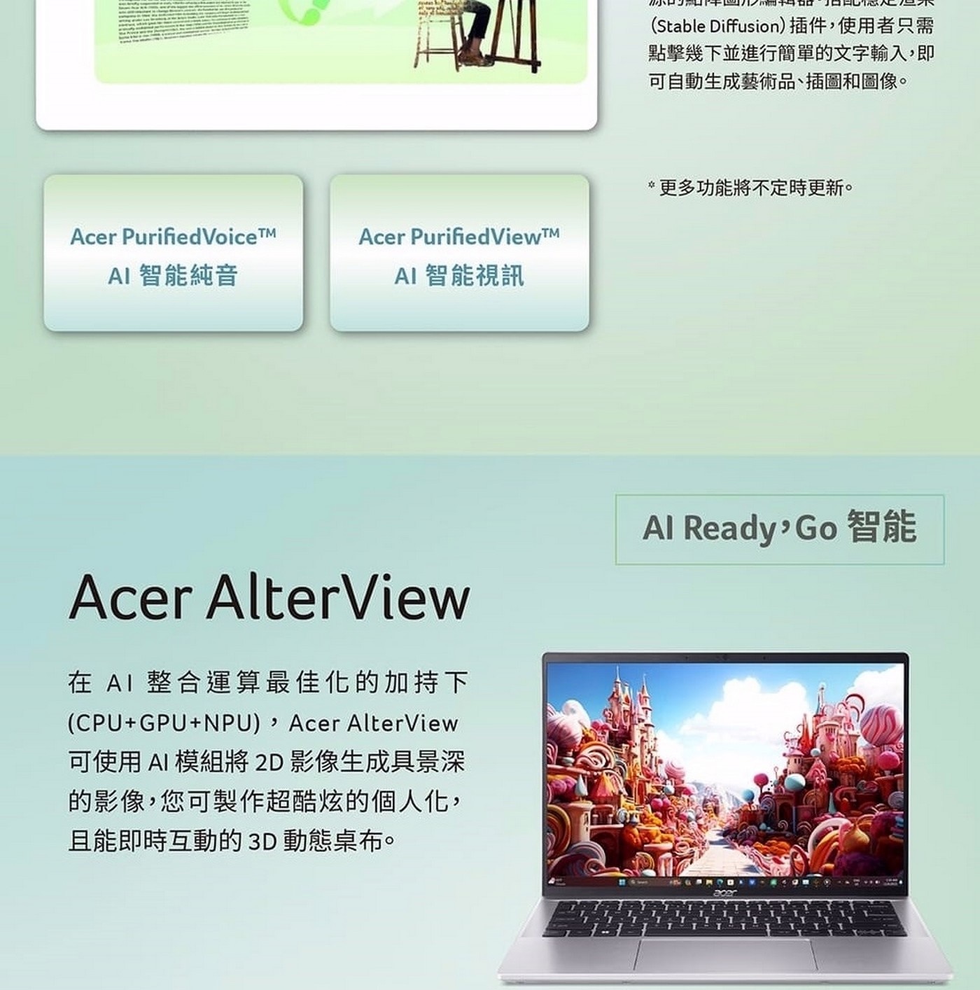 Acer Swift Go 14吋 AI 筆記型電腦 SFG14-73-790E，處理器：Intel Core Ultra 7 processor 155H；記憶體：32GB LPDDR5X(Onboard)；硬碟：512GB PCIe Gen4 SSD；顯示晶片：Intel ARC Graphics；作業系統：Windows 11 Home。