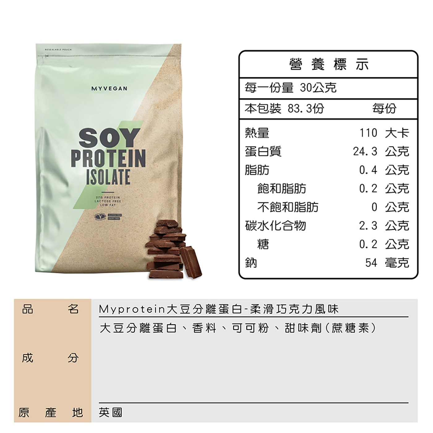 Myprotein 大豆分離蛋白粉 柔滑巧克力風味 2.5公斤