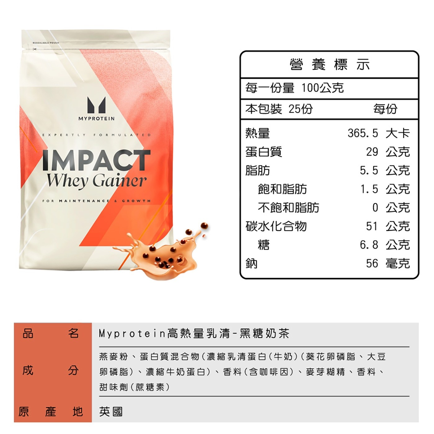 Myprotein 高熱量乳清蛋白粉 黑糖奶茶風味 2.5公斤