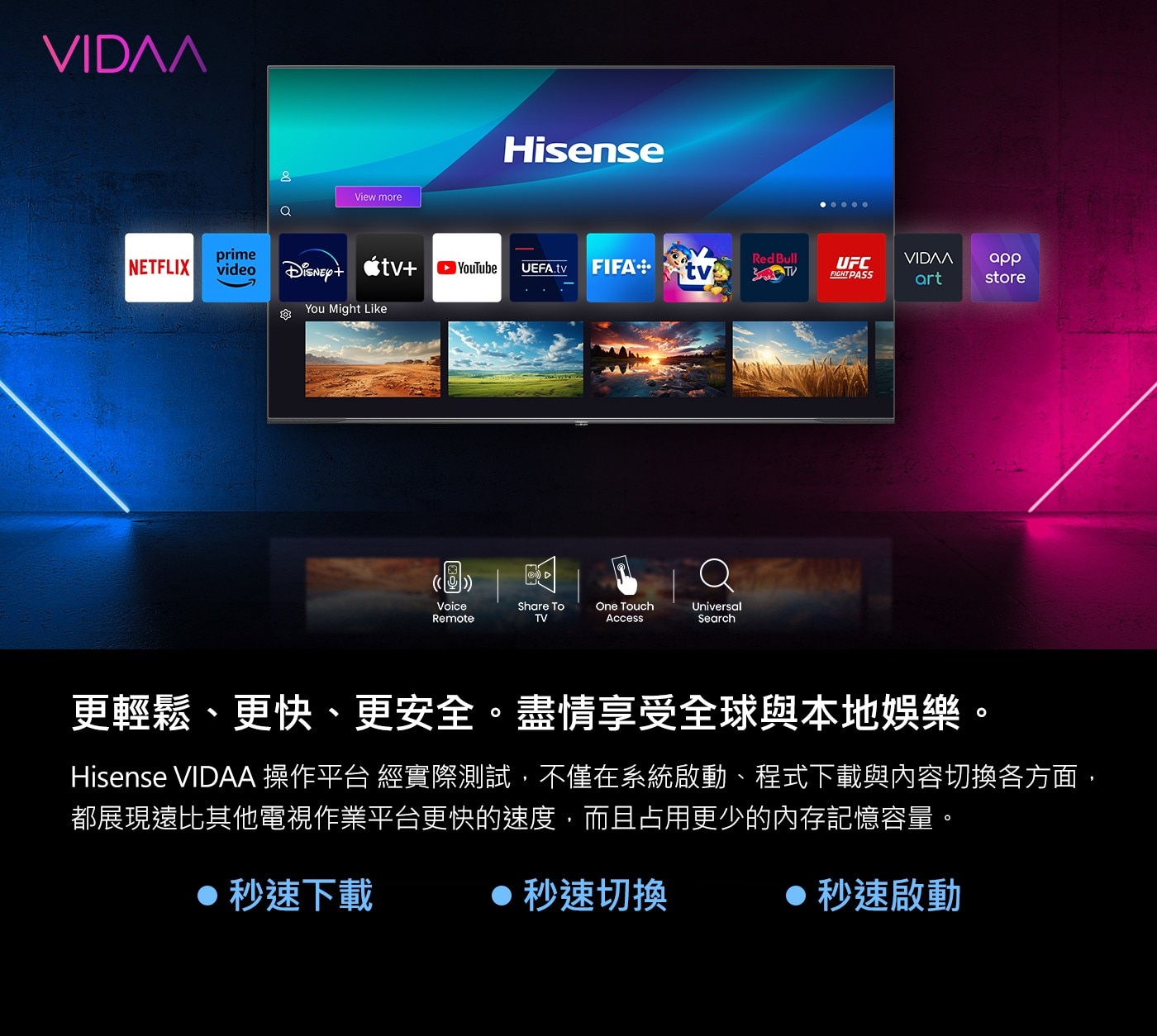 Hisense 65吋 4K ULED MiniLED + QD 量子點 144Hz HSR240 VIDDA 智慧連網顯示器 + 太陽能遙控器 65U7N