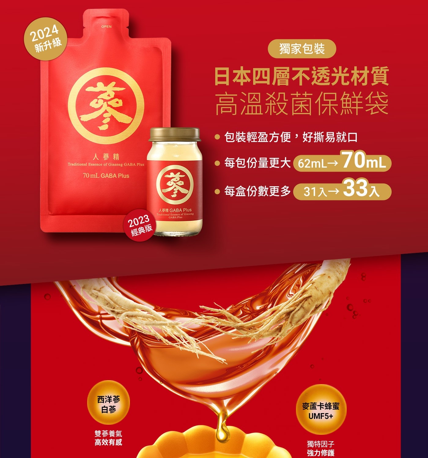 老協珍 人蔘精 GABA Plus 麥蘆卡蜂蜜口味 70毫升 X 33入