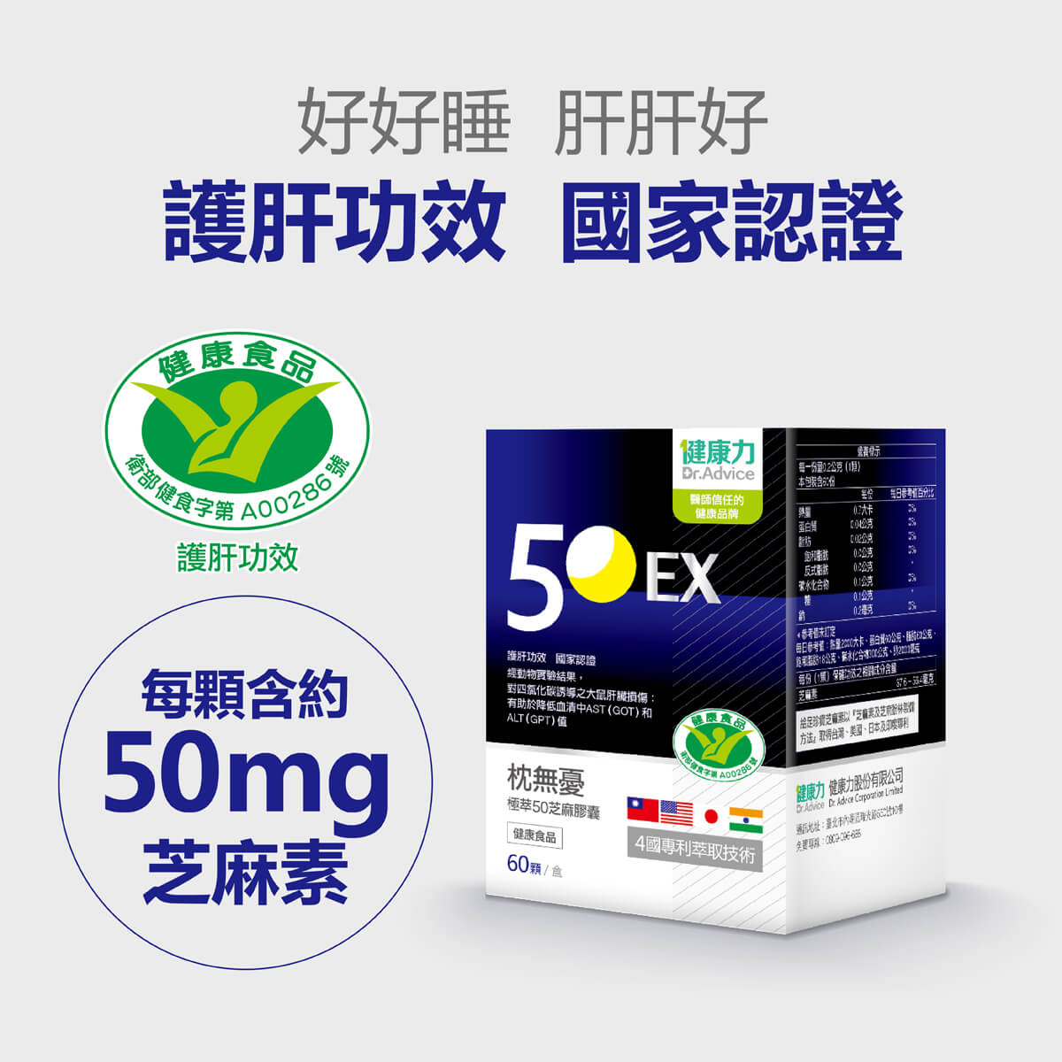 Dr. Advice 健康力枕無憂極萃50芝麻膠囊，高含量芝麻素，具國家認證護肝功能，同時幫助入睡好代謝。