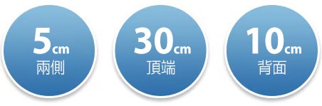 兩側1/8”（0.32 cm） 頂端1”（2.54 cm） 背面2”（5.08 cm）