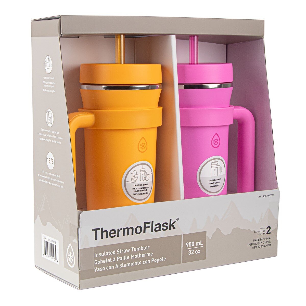 ThermoFlask 不鏽鋼吸管隨行杯附提把 950毫升 X 2件組