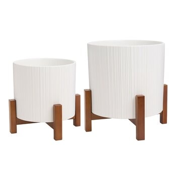 陶瓷花盆 2件組 附竹製盆架 陶瓷花盆 2件組 附竹製盆架