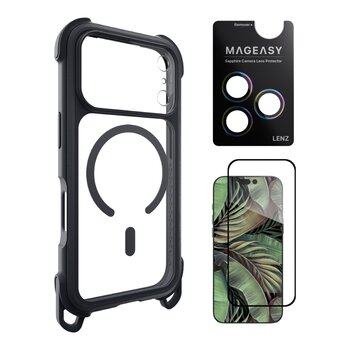 MAGEASY Odyssey Strap M 超軍規防摔掛繩手機殼 iPhone 17 Pro(皮革午夜/沉穩黑) + 鏡頭保護貼Lenz(炫彩) + Vetro 9H 鋼化玻璃保護膜 MAGEASY Odyssey Strap M 超軍規防摔掛繩手機殼 iPhone 17 Pro(皮革午夜/沉穩黑) + 鏡頭保護貼Lenz(炫彩) + Vetro 9H 鋼化玻璃保護膜