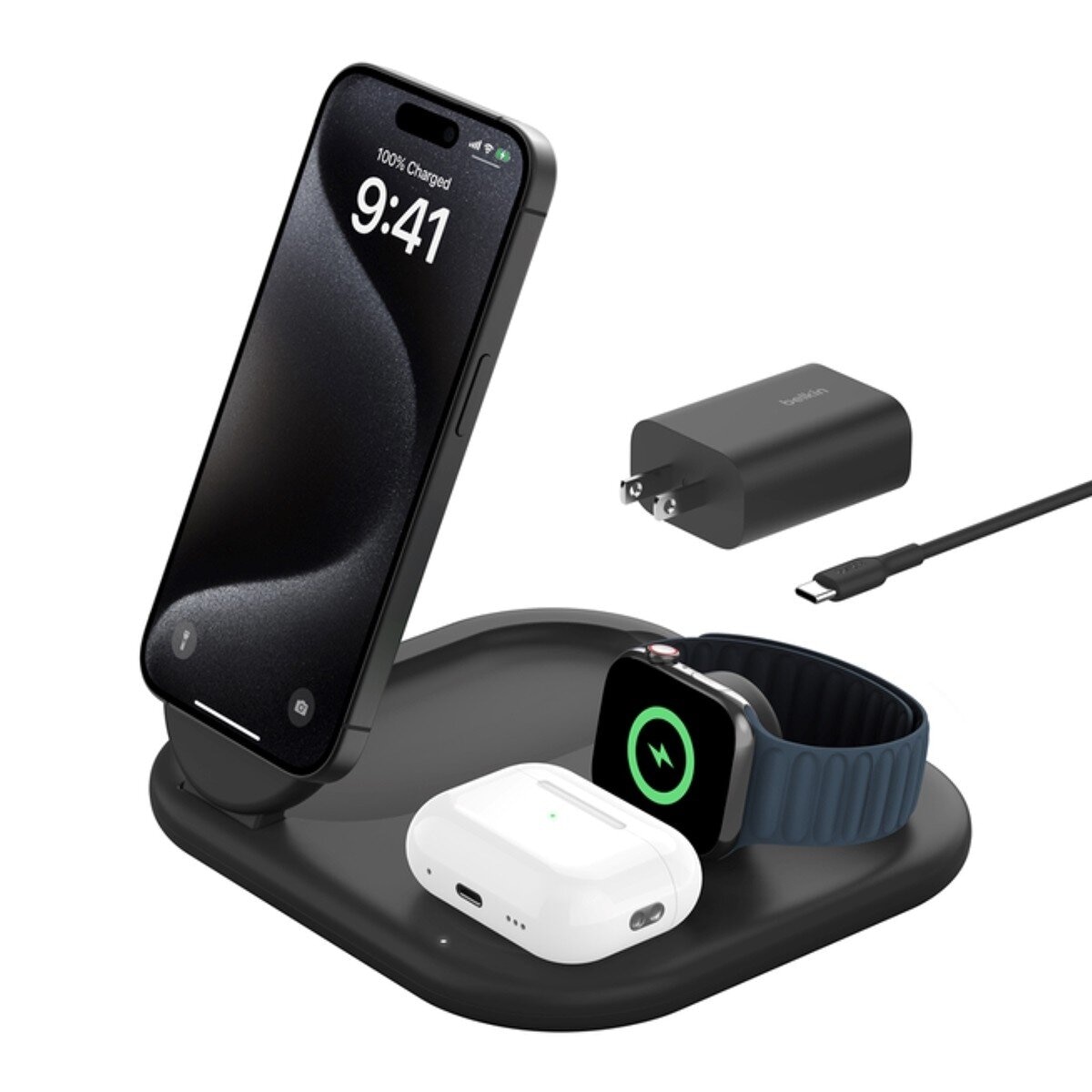 Belkin BoostCharge Qi2 3合1 可折疊磁吸充電板 15W 黑