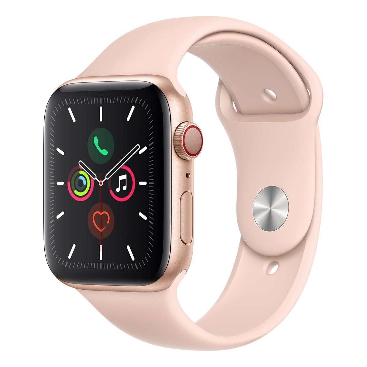 Apple Watch Series 5 (GPS + 行動網路)，44 公釐金色鋁金屬錶殼搭配粉色運動型錶環