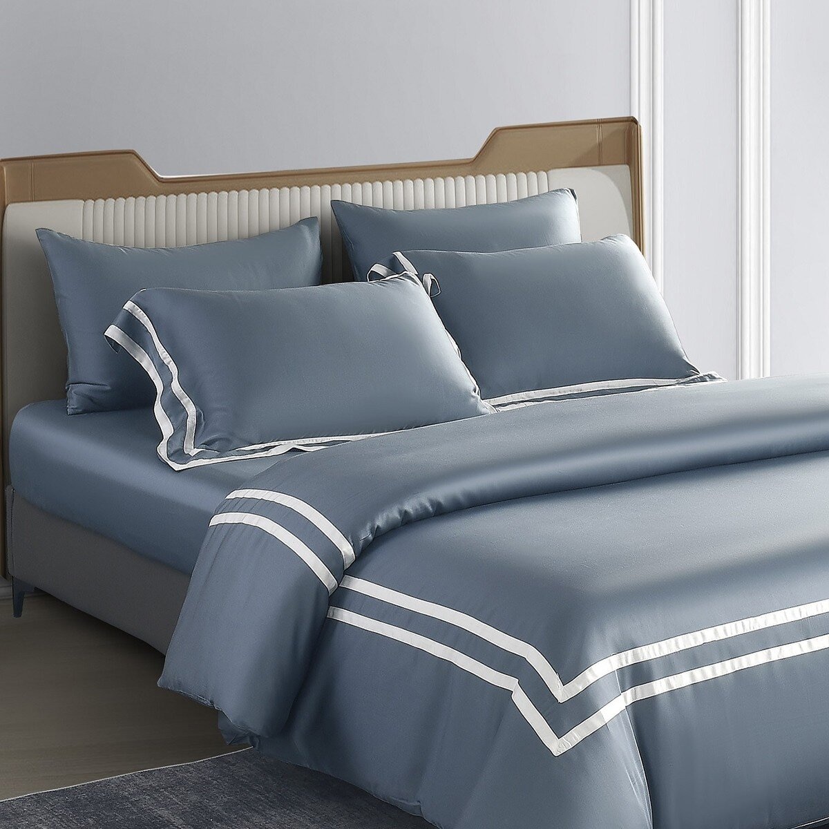 Don Home 萊賽爾素色雙人特大被套床包六件組 182公分 X 212公分 霧藍