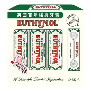 EUTHYMOL 英國百年牙膏禮盒 蜜桃花香 106公克 X 3入 + 擠牙膏器 X 1入